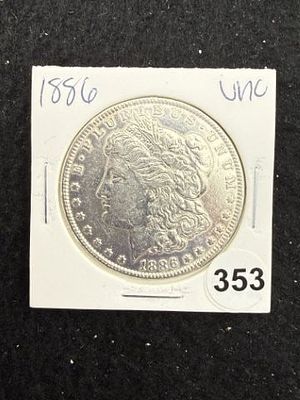 1886 UNC Morgan Silver Dollar Coin. KEY WORDS: INDIAN ARTIFACT ARTIFACTS ARROWHEAD ARROWHEADS 