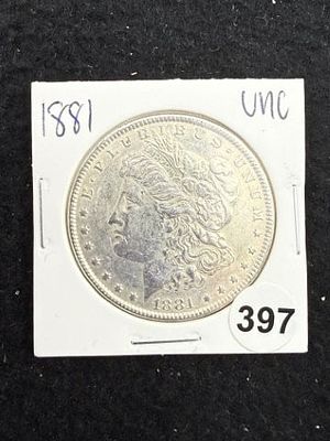 1881 UNC Morgan Silver Dollar Coin. KEY WORDS: INDIAN ARTIFACT ARTIFACTS ARROWHEAD ARROWHEADS 