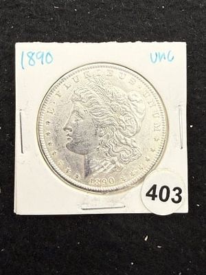 1890 UNC Morgan Silver Dollar Coin. KEY WORDS: INDIAN ARTIFACT ARTIFACTS ARROWHEAD ARROWHEADS 