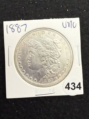 1887 UNC Morgan Silver Dollar Coin. KEY WORDS: INDIAN ARTIFACT ARTIFACTS ARROWHEAD ARROWHEADS 