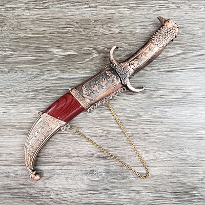 PERSIAN STYLE, BIRD-HEADED, DECORATIVE KNIFE w/ SCABBARD. Highly decorated, Persian style knife 