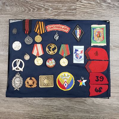 PIN & MEDAL COLLECTION DISPLAY - RARE PIECES FROM VIETNAM, USSR & MORE IN A VINTAGE 