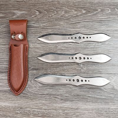 LOT OF (3) THROWING KNIVES w/ LEATHER SHEATH AND ORIG. PACKAGING