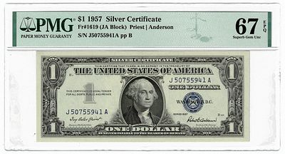 ארה"ב- שטר 1 דולר 1957 חותמת כחולה, מדורג pmg 67 epq