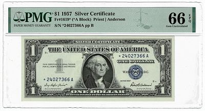ארה"ב- שטר 1 דולר 1957 חותמת כחולה עם כוכב, מדורג pmg 66 epq