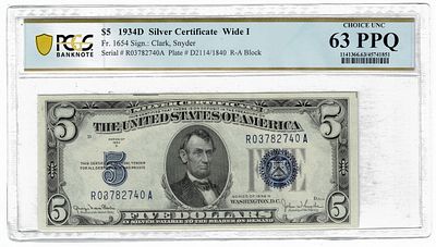 ארה"ב- שטר 5 דולר 1934 חותמת כחולה, מדורג pcgs 63 ppq