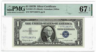 ארה"ב- שטר 1 דולר 1957 חותמת כחולה, מדורג pmg 67 epq