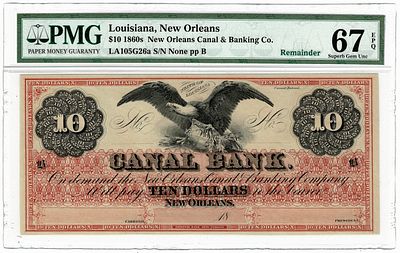 ארה"ב- שטר 10 דולר לואיזיאנה 1860, מדורג pmg 67 epq remainder