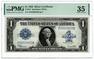 ארה"ב- שטר 1 דולר 1923 חותמת כחולה, מדורג pmg 35