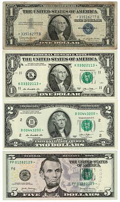ארה"ב- לוט 4 שטרות עם כוכב, 
השטר של ה2 דולר עם מספר נמוך