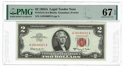 ארה"ב- שטר 2 דולר 1963 חותמת אדומה, מדורג pmg 67 epq
