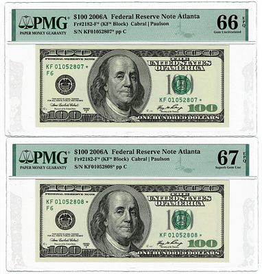 מספרים רצים- ארה"ב- שטרות 100 דולר 2006 עם כוכב, מדורגים pmg 67 epq ו pmg 66 epq