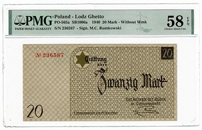 פולין- גטו לודז'- שטר 20 מארק 1940, מדורג pmg 58 epq