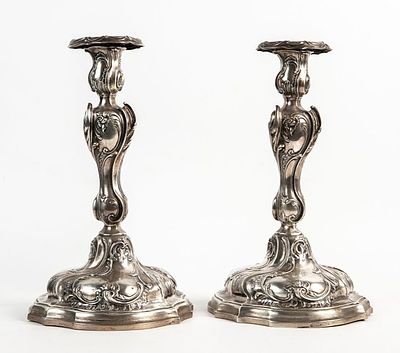 A pair of antique German silver candlesticks, made by 'Gebruder Friedlander, Berlin', made of 