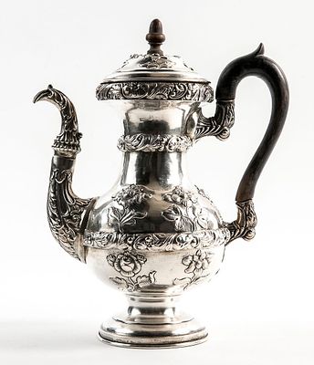 Antique Viennese coffee pot, made of 813 silver (LOTH 13) with wooden handles, decorated with 