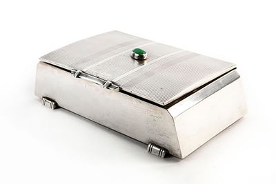 English desk box, made of silver (sterling), wood-lined interior, the lid handle set with an 