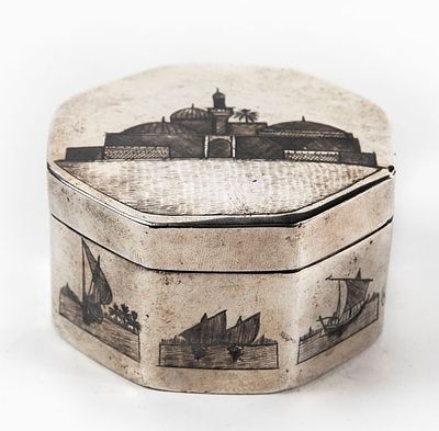 Antique octagonal Iraqi silver box, decorated with black niello depicting scenes along the 