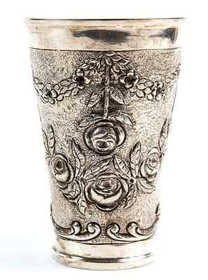 Antique German Kiddush cup, made of 800 silver, hallmarked, decorated with reliefs and a gilt 