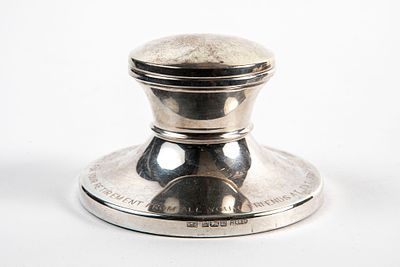 English desk inkstand, made of sterling silver, manufactured by Arthur J.Poole (active in 