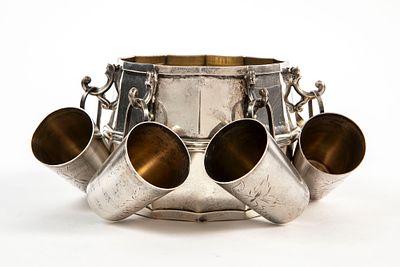 A silver desk set including a central barrel-shaped vessel, hallmarked 'Kapriya 925', the 