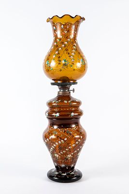 An antique Ottoman glass lantern, comprising three parts: a base, a paraffin reservoir, and a 