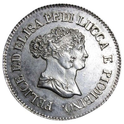 #RARO#- PRINCIPADO LUCCA & PIOMBINO (EST. ITALIANOS)- 5 FRANCOS 1805, PRATA .900, 25gr, 38mm