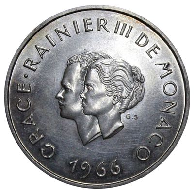 MÓNACO- 10 FRANCOS 1966, 10º ANIV. CASAMENTO GRACE KELLY E PRIC. RAINIER, PRATA .900, 25gr