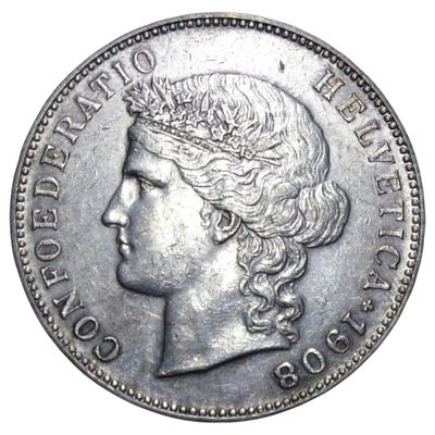 SUIÇA- 5 FRANCOS 1908, PRATA .900, 25gr, 37mm, KM# 34