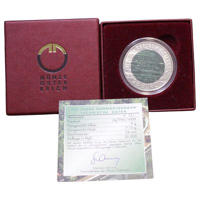 AUSTRIA- 25 EUROS 2004, 150º ANIV. CAMINHO FERRO, NIOBIUM .998, PRATA .900, ESTOJO COMPLETO SEM