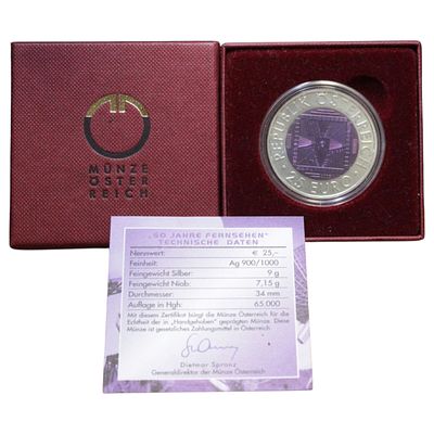 AUSTRIA- 25 EUROS 2005, 50º ANIV. TV, NIOBIUM .998, PRATA .900, ESTOJO COMPLETO SEM CINTA EXTERIOR