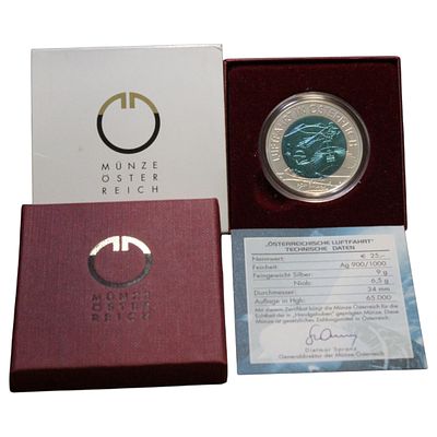 AUSTRIA- 25 EUROS 2007, AVIAÇÃO AUSTRIACA, NIOBIUM .998, PRATA .900, ESTOJO COMPLETO