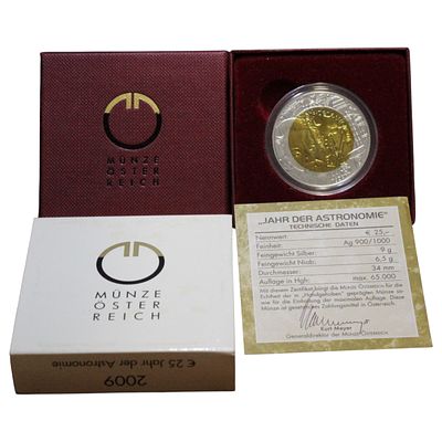 AUSTRIA- 25 EUROS 2009, ASTRONOMIA, NIOBIUM .998, PRATA .900, ESTOJO COMPLETO