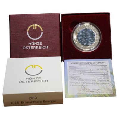 AUSTRIA- 25 EUROS 2010, ENERGIAS RENOVÁVEIS, NIOBIUM .998, PRATA .900, ESTOJO COMPLETO