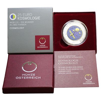 AUSTRIA- 25 EUROS 2015, COSMOLOGIA, NIOBIUM .998, PRATA .900, ESTOJO COMPLETO