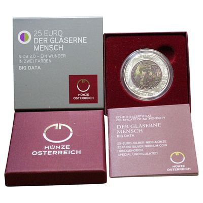 AUSTRIA- 25 EUROS 2020, HOMEM DE VIDRO, NIOBIUM .998, PRATA .900, ESTOJO COMPLETO