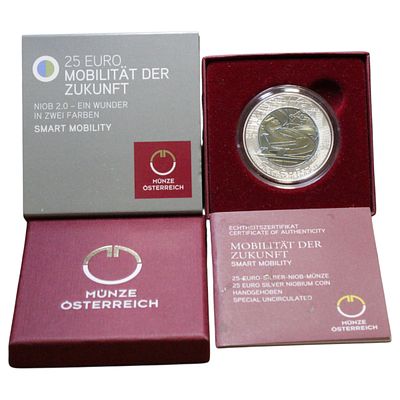 AUSTRIA- 25 EUROS 2021, MOBILIDADE, NIOBIUM .998, PRATA .900, ESTOJO COMPLETO