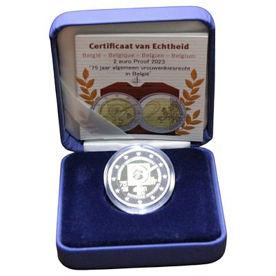 BÉLGICA- 2 EUROS 2023 PROOF, 75º ANIV. SUFRAGIO UNIVERSAL, ESTOJO COMPLETO
