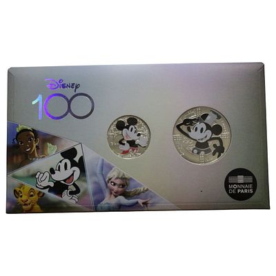 FRANÇA- CARTELA OFICIAL COM 2x MOEDAS PRATA, 100º ANIV. DA DISNEY, 50 EUROS 2023 (PRATA .900