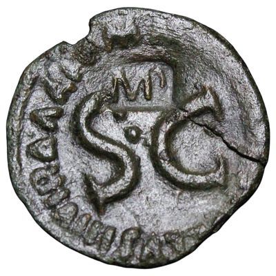 IMPÉRIO ROMANO- CÉSAR AUGUSTO, ASSE, (ROMA, 7AC), COM CARIMBO DE VALIDAÇÃO (I)MP NO REVERSO 