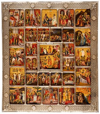 FESTTAGE DES KIRCHENJAHRES UND PASSION JESU. Grosse russische Ikone in Feinmalerei mit 