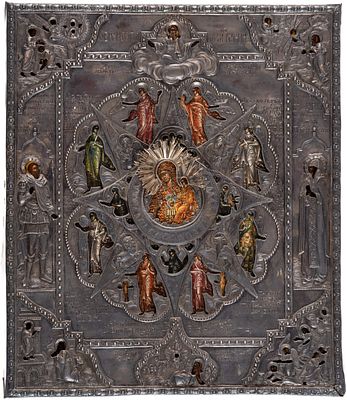 GOTTESMUTTER "UNVERBRENNBARER DORNBUSCH". Russische Ikone in Feinmalerei mit Silberoklad (445g) 