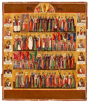 HEILIGE UND FESTE DES MONATS JULI. Russische Ikone in Feinmalerei, 2. H&auml;lfte 19. Jh. 
35 x 30.5 