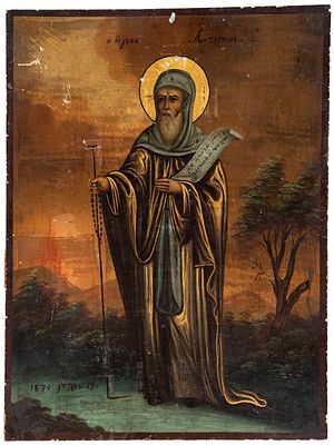 HL. ANTONIOS DER GROSSE. Griechische Ikone, leicht besch&auml;digt, datiert 1870 
36 x 27 cm