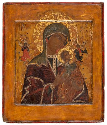 GOTTESMUTTER DER PASSION (STRASTNAJA). Russische Ikone mit doppeltem Kovcheg, um 1700 
32 x 27 cm