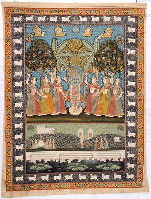 TANZ-RITUAL. indien, Monumentale Malerei auf Stoff, wohl 1. H&auml;lfte 20. Jh. 
238 x 180 cm