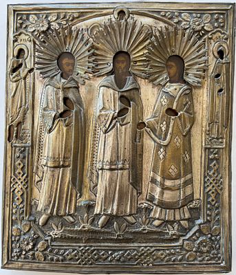 DIE HOCHZEITSHEILIGEN SAMON, GURIJ UND AVIV. Russische Ikone mit Messingoklad, um 1860 
30.3 x 