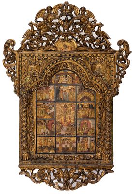 FESTE DES ORTHODOXEN KIRCHENJAHRES. Monumentale griechische Ikone mit prachtvoller Schnitzerei 