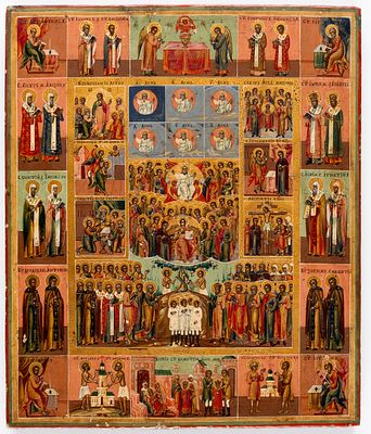 ERWEITERTE SEDMIZA. Sehr seltene russische Ikone im Stil des Palecher Malers Vasilij Ivanovič 