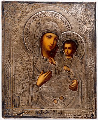 GOTTESMUTTER IVERSKAJA. Russische Ikone mit Silberoklad, Moskau 1886 
Meistermarke nicht lesbar 