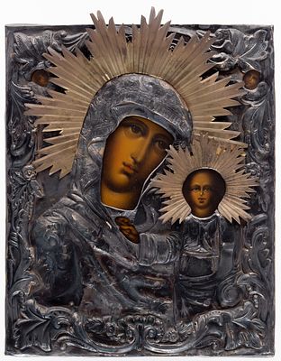 GOTTESMUTTER VON KASAN. Russische Ikone mit versilberten Oklad, 19. Jh. 
26.5 x 21 cm